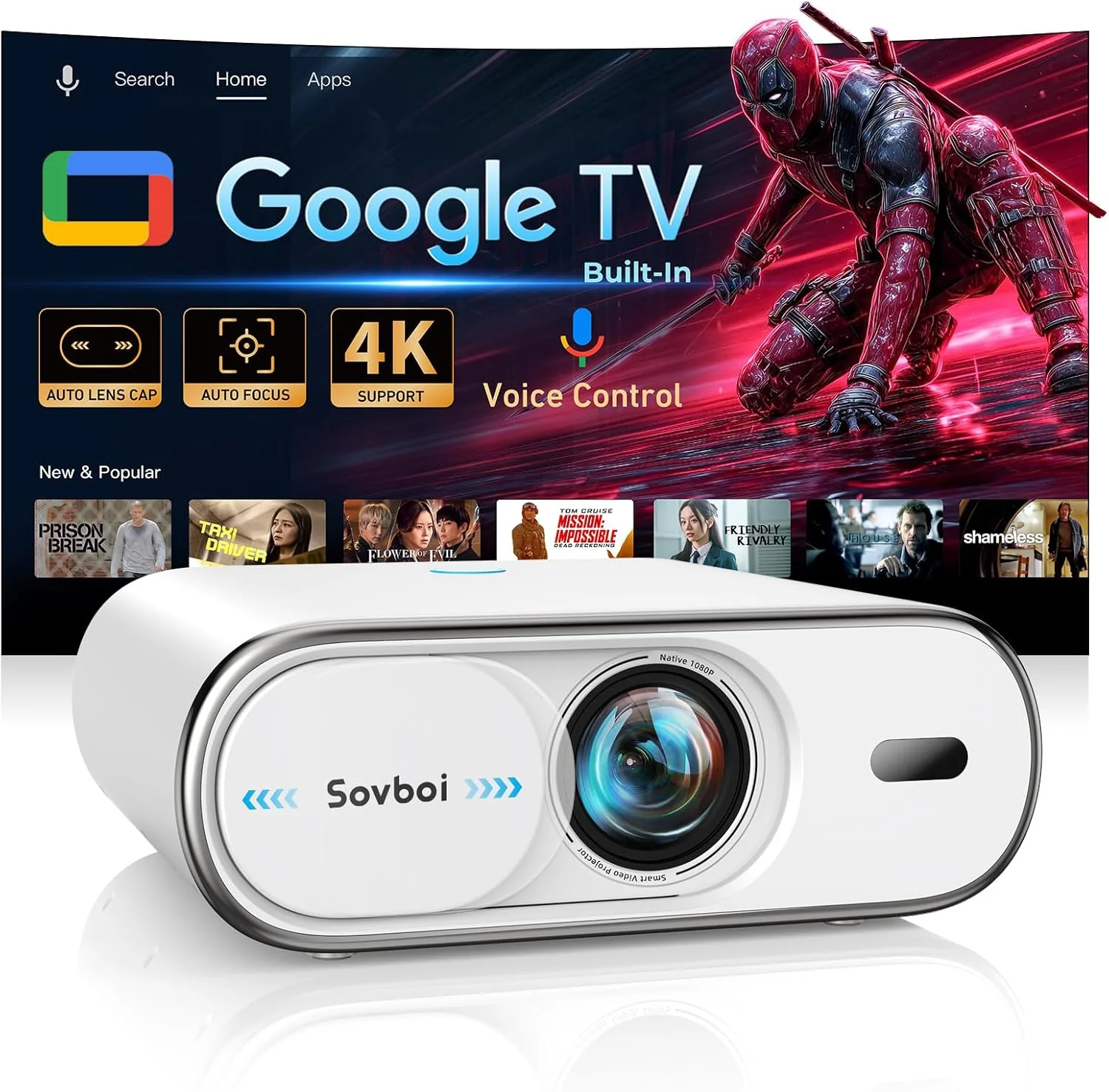 657a7b0389ae5fa78d8899a16ea06c0b2d3806a5dcdf4b9e8d1a9d115171cd9d 4K Projector Built-in Google TV: 2500 ANSI/Auto Lens Cap 4D Keystone/Auto Focus(Pearl White)