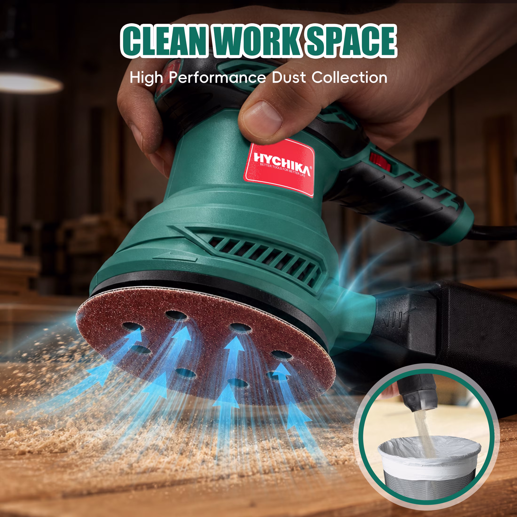 65a742bfc9d62bc6e524c827d86a985ef98f6aac004ff599882de8d90289326a HYCHIKA 5-inch Random Orbital Sander, 13000 RPM 6-Speed with 12 Sandpapers & High Performance Dust Collection System for Wood Finishing and Polishing