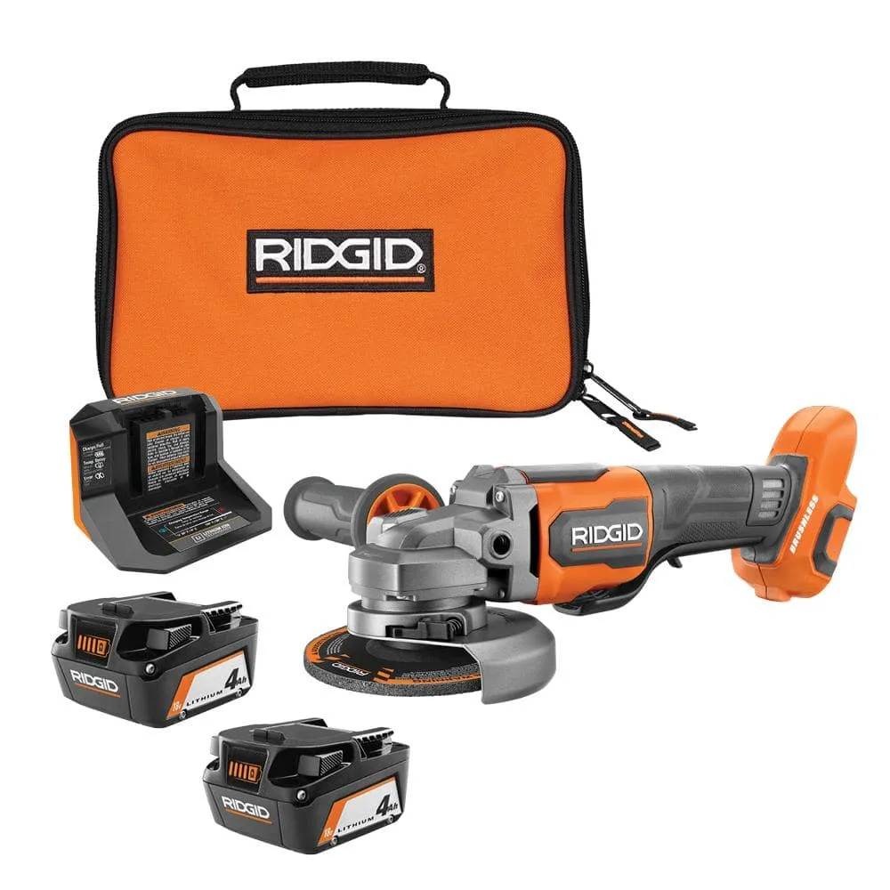 669fcc91f954f0ed2ab724f0bb808fbbd9b4385156418d126cbba76b0ff08ee1 RIDGID 18V Brushless Cordless 4-1/2 in. Paddle Switch Angle Grinder with (2) 4.0 Ah Batteries, Charger, and Bag R86047B-AC93044SBN