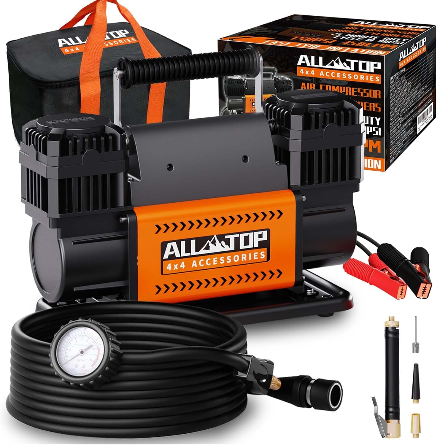 66ec0e6acb316351c6bba9f745127fac7005ac4ea3dea0c0a4f6715d35488668 Air compressor kit, dual cylinder, 12-volt portable inflator, 12.35 cubic feet per minute, suitable for truck tires for off-road use, heavy-duty Max 150 pounds per square inch, suitable for four-wheel drive vehicles and campers.(350 L/Min)