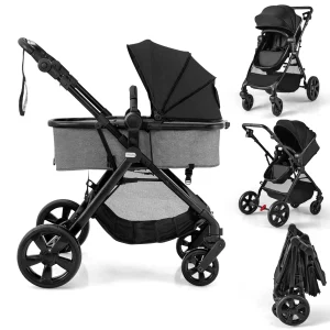 2-in-1 Convertible Baby Stroller, Foldable Infant Carriage with Reversible Seat(Black)