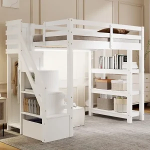 Full/Twin Loft Bed with Storage Stairs - Shelves, Wardrobe LED Light, Space-Saving Design(FULL)