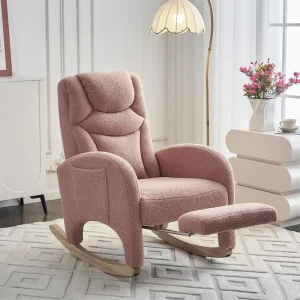Ergonomic Fabric Nursery Rocking Chair With Adjustable Footrest(Pink-teddy)