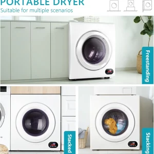 Compact Laundry Dryer, 3.5 cu ft Front Load Stainless Steel Clothes Dryers With Exhaust Pipe, 1500W, LCD Control Panel Four-Function Portable Dryer For Apartments, Home, Dorm, White(3.5 Cu.Ft.)