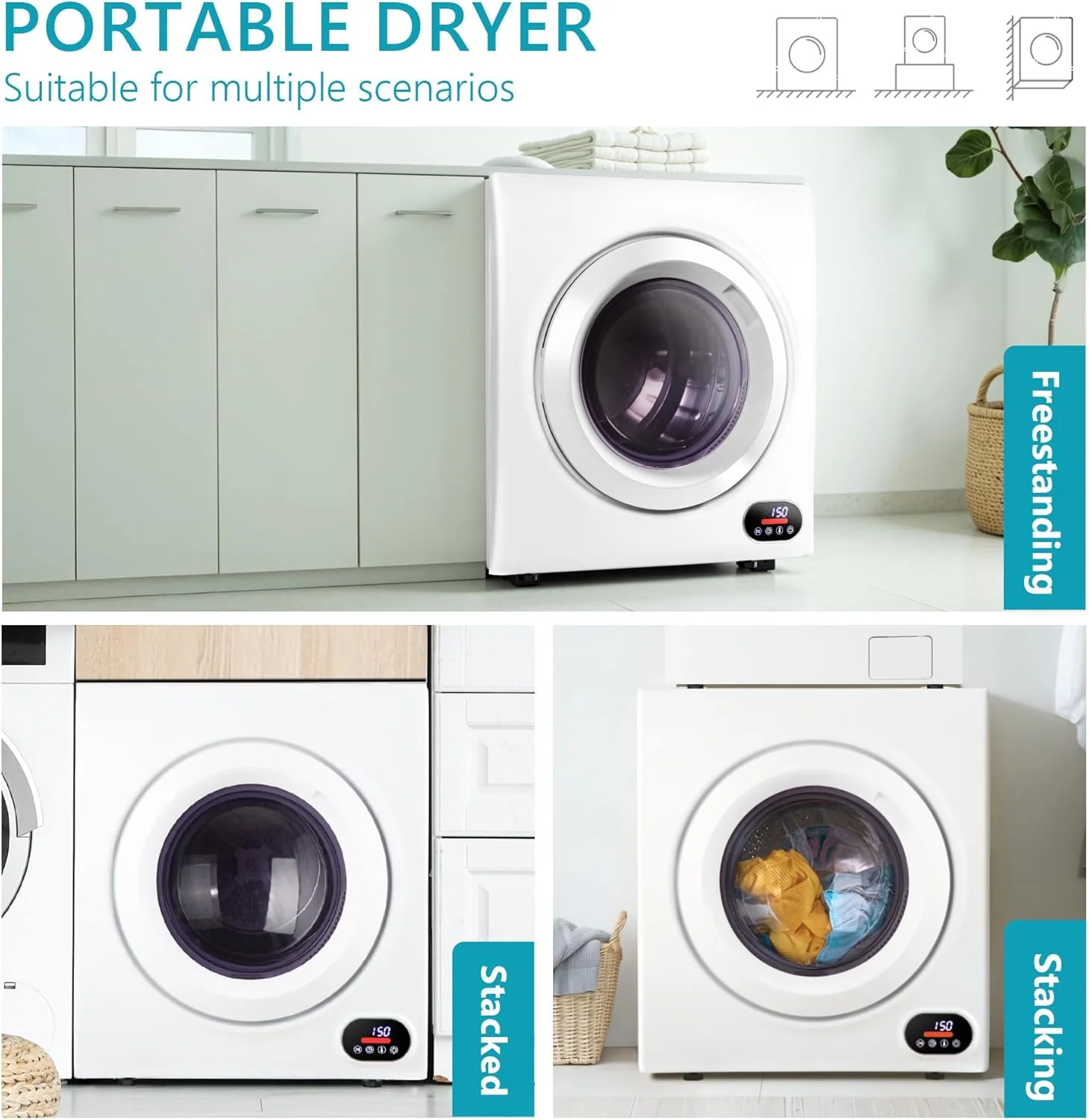 6a908186252bb56d5800acd26855595e0f3e0b34a7e362e55e022c4e87e891e3 Compact Laundry Dryer, 3.5 cu ft Front Load Stainless Steel Clothes Dryers With Exhaust Pipe, 1500W, LCD Control Panel Four-Function Portable Dryer For Apartments, Home, Dorm, White(3.5 Cu.Ft.)