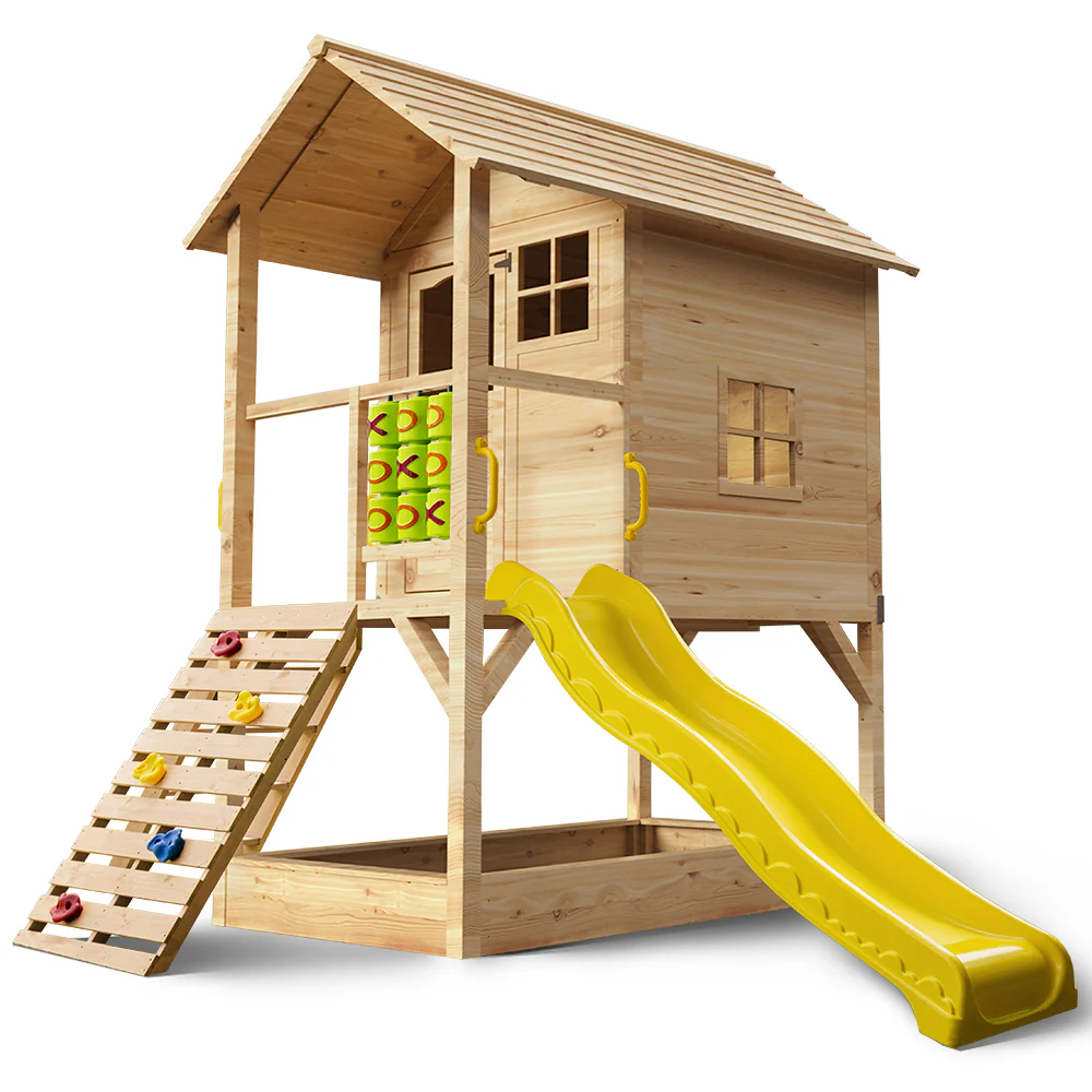 6aef30436b280b0d32ad3bc9a00985592b1596b8ad0e0eb26dfeacca95b1da5f ROVO KIDS Wooden Tower Cubby House with Slide, Sandpit, Climbing Wall, Noughts Crosses, Natural Colour
