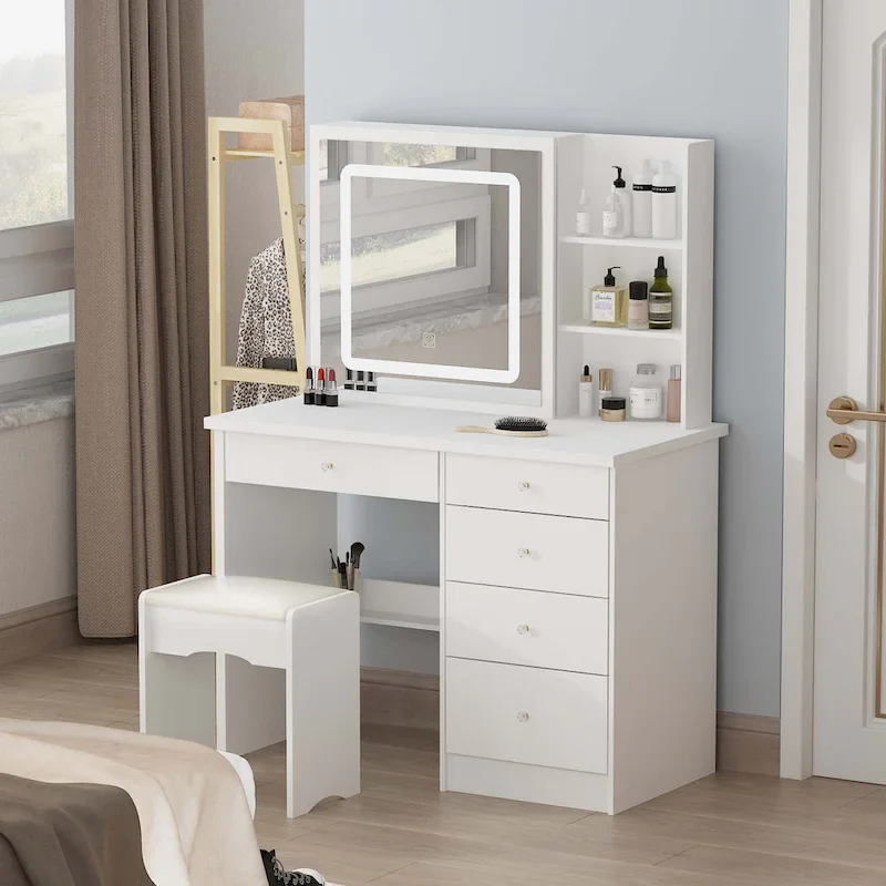 6b537cad030234e7c216eb0c144c79e83c48e43faf3d0d7c07562bcaec3daedf White Makeup Vanity Set with LED Mirror and Stool - 39.4" Wide(White)