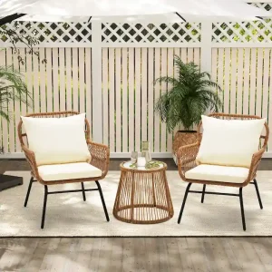 3-Piece Patio Conversation Bistro Set, Outdoor Rattan Furniture Set with Glass Table  2 Wide Armchairs, Seat Cushions(Beige)