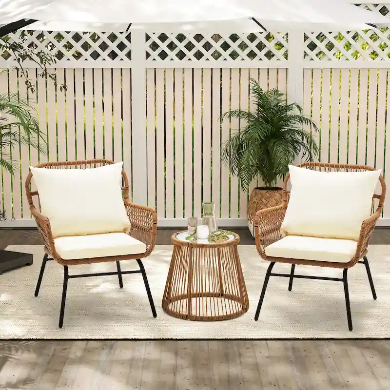 6b70ecf260e706b1839398e191101caf22d0cbaf9177d222fb40ac5e933c1c83 3-Piece Patio Conversation Bistro Set, Outdoor Rattan Furniture Set with Glass Table 2 Wide Armchairs, Seat Cushions(Beige)