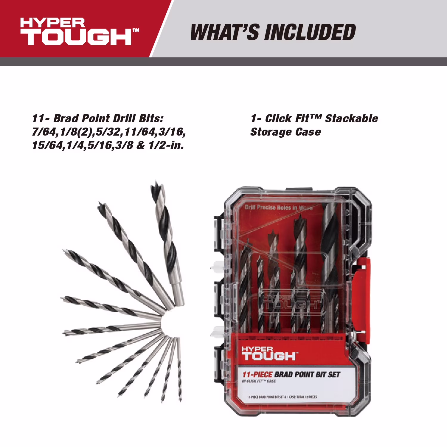 6b7fec1fb6df243fbacf5c1dd38d5aaa08d2e8c379ff87c32570bddc60f1b391 Hyper Tough 11-Piece Brad Point Bit Set in Click Fit Case