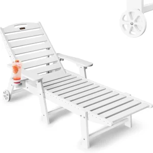 Lounge Chair Outdoor, Chaise Lounge, HDPE 6-Position Outdoor Chaise Lounge, Patio Lounge Chair with Wheels  Cup Holder for Pool Poolside Deck Backyard, Teak(1/White)