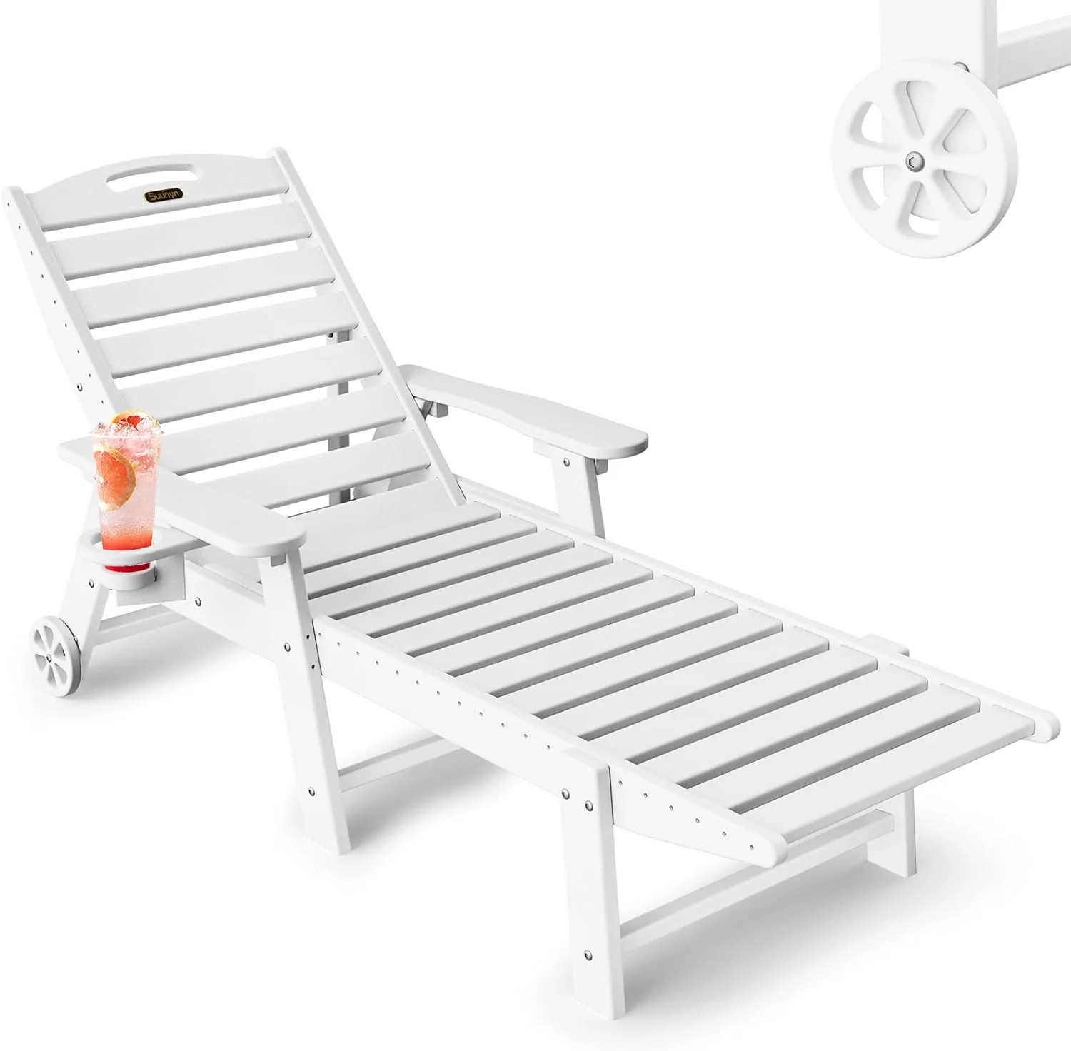 6b8e773645fef8b65fb1da8946670b265c186da7b0c4a6c397707a6db79f73a7 Lounge Chair Outdoor, Chaise Lounge, HDPE 6-Position Outdoor Chaise Lounge, Patio Lounge Chair with Wheels Cup Holder for Pool Poolside Deck Backyard, Teak(1/White)