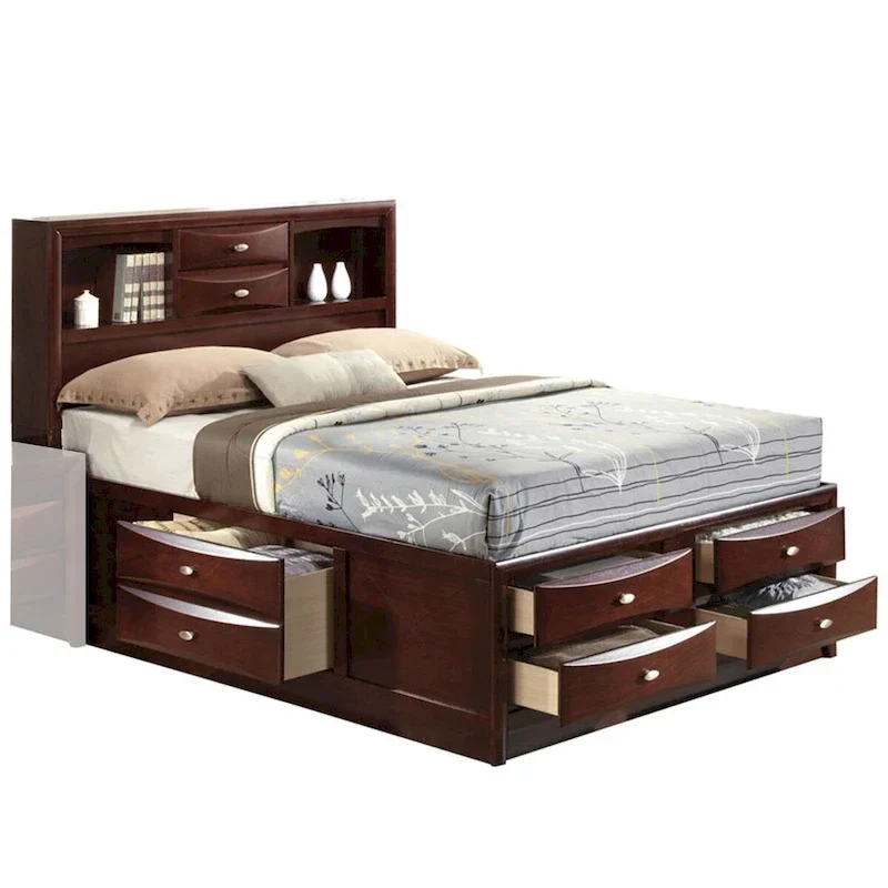 6c7694f4c780aea094b1589702dc36a5ff75c56a432052f5baccf0acdc66c2a9 Panel Design Queen Size Bed with Bookcase and Drawers, Brown(QUEEN/Brown)