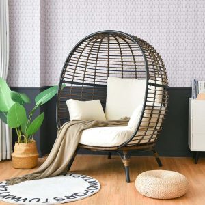 Oversized Wicker Egg Chair with 4 Cushions, Steel Frame Basket Chair Indoor Outdoor Patio Lounge Chair(Mix Brown)