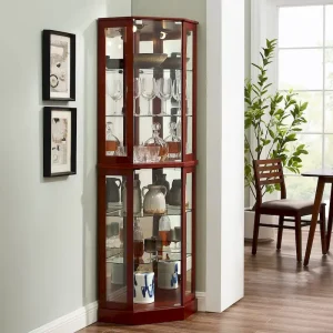 6 Shelf Corner Curio Display Cabinet with Lights, Mirrors and Adjustable Shelves, Cherry(Cherry)