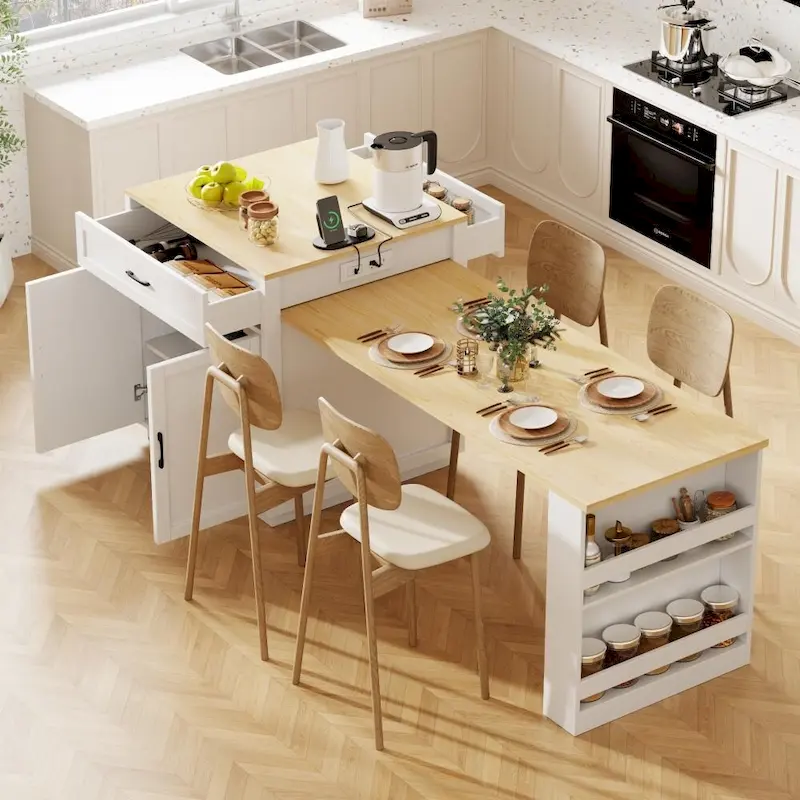 6d94fca3655327dcd1a0dd2474e01bce28879df48d8c50ad6583a7f480344d63 82.7 Wooden 4-6 Person Kitchen Island with Extendable Dining Table and Double-sized Storage(White)