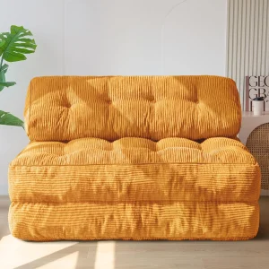 MAXYOYO Folding Sofa Bed, Convertible Sleeper Chair with Pilow Foldable Mattress with Back Support, Portable Fold Out Chair Bed Comfy Floor Sofa Lounge for Living Room Bedroom, Beige, Double(Full/Orange)