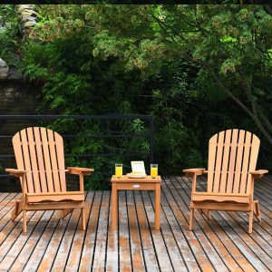 3 Pcs Slatted Design Wooden Adirondack Chair Set with Side Table  2 Folding Lounger Chairs(Default Title)