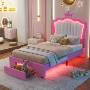 Twin Size Upholstered Bed Frame with LED Lights, Modern Upholstered Princess Bed with Crown Headboard, a Drawer, Pink+White(Pink+white)