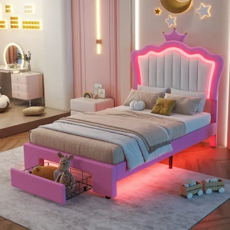 6dfbb96893aa3812a67134b90783d6a0b84cdf01bcb9721800b2bcd393bdef30 Twin Size Upholstered Bed Frame with LED Lights, Modern Upholstered Princess Bed with Crown Headboard, a Drawer, Pink+White(Pink+white)