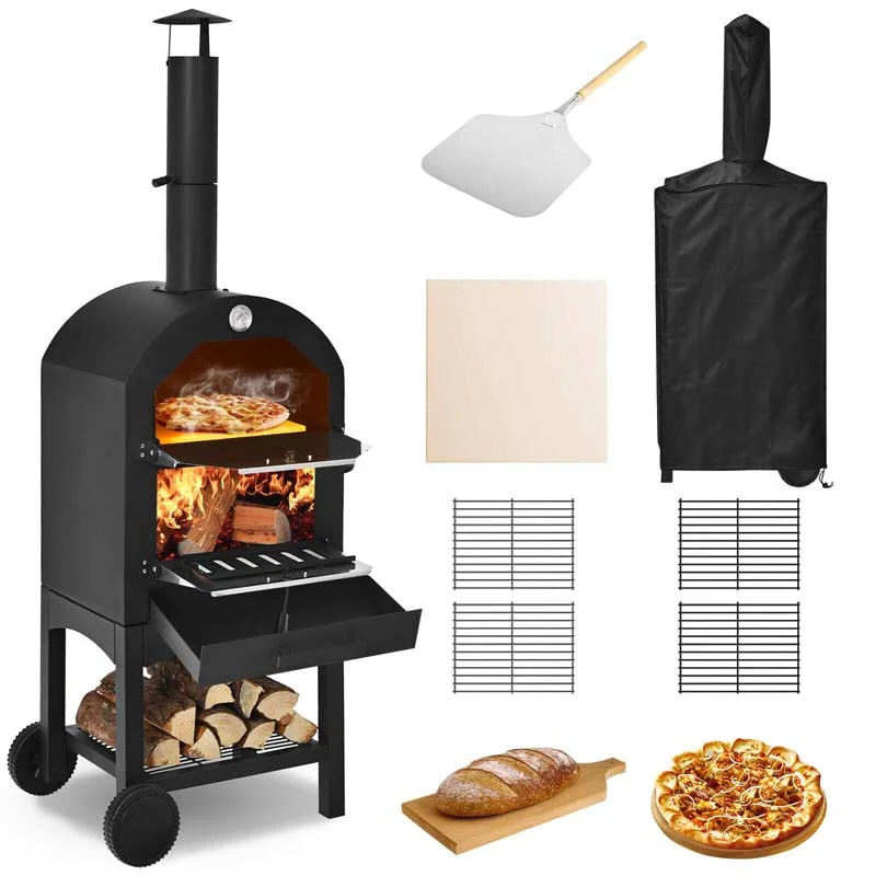 6ffe3ef4de2e85d883fcd9fdb9fdfa11c2a73a1755b2d83ba76be3b026eeda56 2 Layer Steel Outdoor Pizza Oven Wood Fire Pizza Grill Maker with Wheels, Pizza Stone Peel, Waterproof Cover(Default Title)