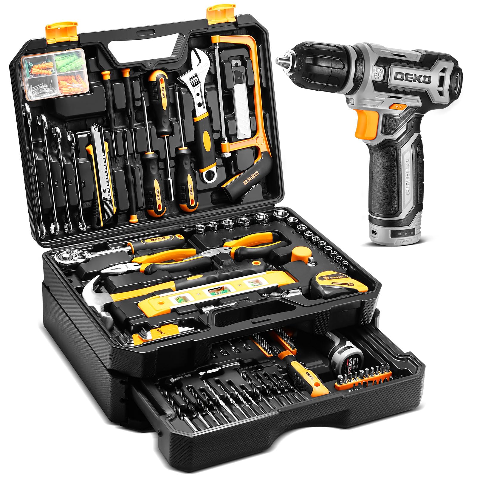 70d5055784ec64534a37d1be8ec788147c650236cb1a5ad559cef02665f2d7aa Tool Kit Box Drill Set: DEKOPRO Home Mechanic Toolbox with 12V Power Cordless Drill