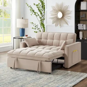 4 in1 Loveseat Sofa Bed with Armrests  Storage Pockets, Multi-Function Tufted Pull-out Sofa Bed with Adjustable Backrest(Taupe)