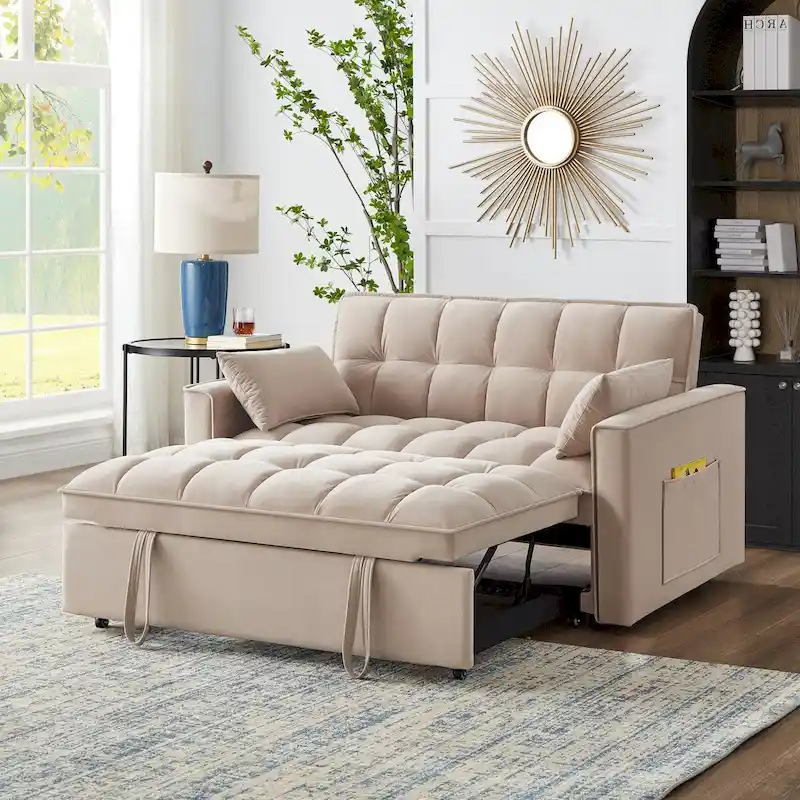 71716b7dc06dd0be808f4c04bc811811fe24e0f81c606fa5600f2841e9750fcf 4 in1 Loveseat Sofa Bed with Armrests Storage Pockets, Multi-Function Tufted Pull-out Sofa Bed with Adjustable Backrest(Taupe)