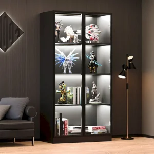 Display Storage Cabinet,Display Cabinet with Tempered Glass Doors, Showcase with 4-Tier Storage Shelves(Clear / Black)