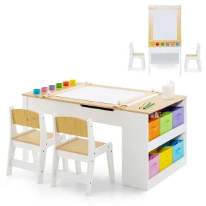 2-in-1 Kids Art Table Chair Set for Drawing Writing, Toddler Craft Play Wood Activity Desk w/2 Chairs Paper Roll Storage Canvas Bins(Natural)