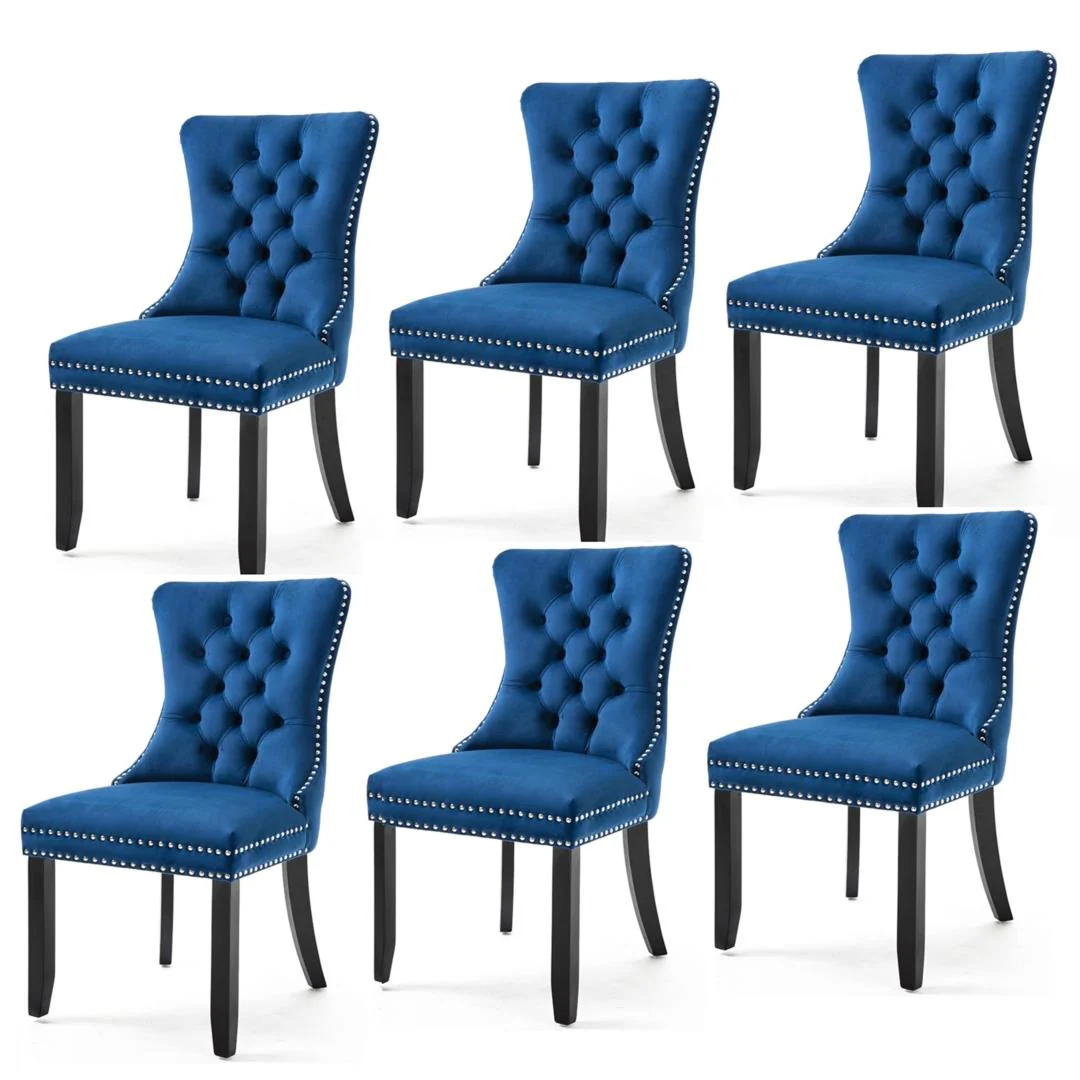 7391beb4b1adf71dba8586cfa8c9fe12fc38797da92594b5b42210c37fc48ff9 6x Velvet Dining Chairs Upholstered Tufted Kithcen Chair with Solid Wood Legs Stud Trim and Ring-Blue