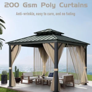 10x10 Hardtop Gazebo with double metal roof, aluminum frame, net, and curtain. All-weather, ideal for patio, deck, garden, backyard. Khaki.(Khaki/10x10FT)