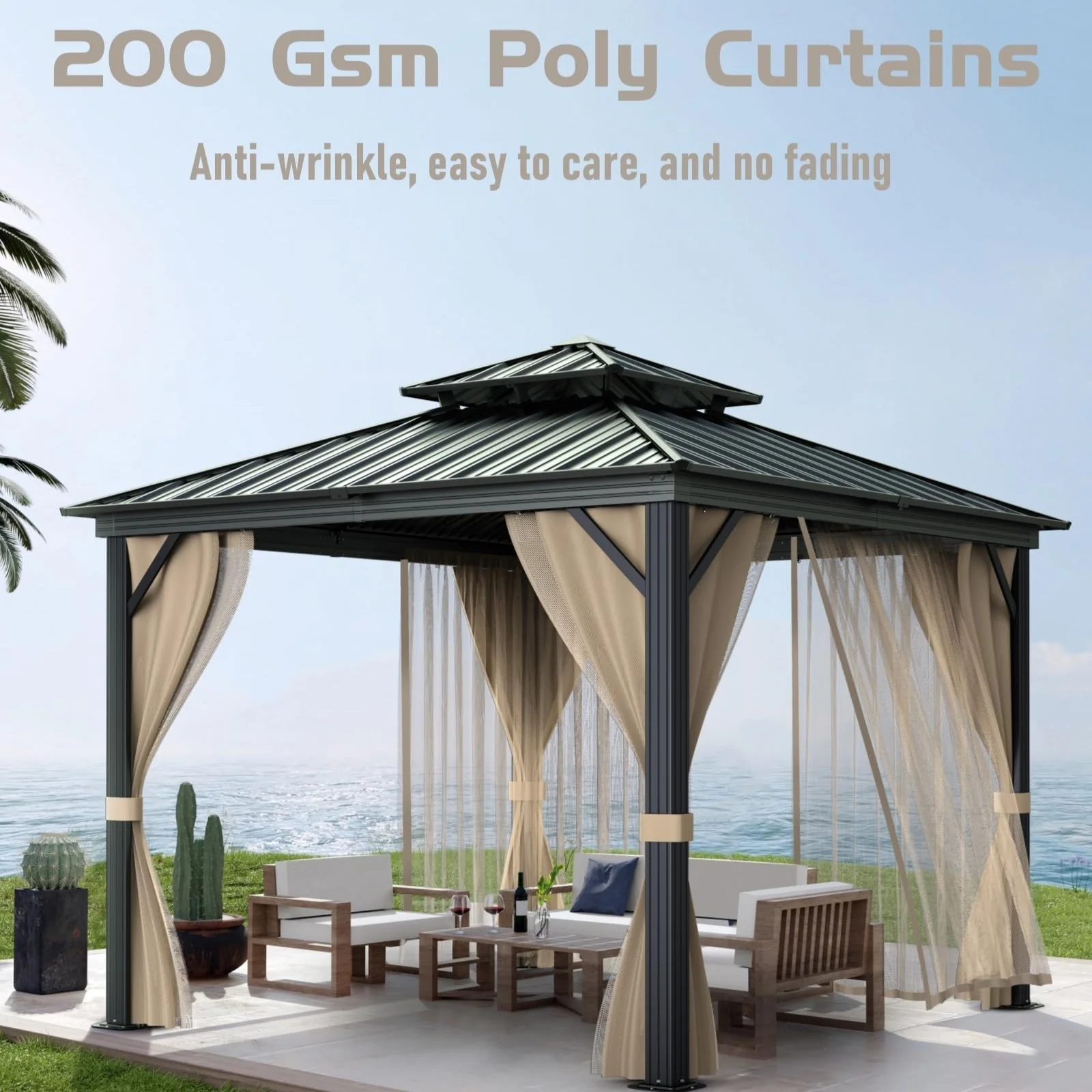 73d016247fce2611fc0e593c882bf942af321074f263fcfa468381891fefedd1 10x10 Hardtop Gazebo with double metal roof, aluminum frame, net, and curtain. All-weather, ideal for patio, deck, garden, backyard. Khaki.(Khaki/10x10FT)