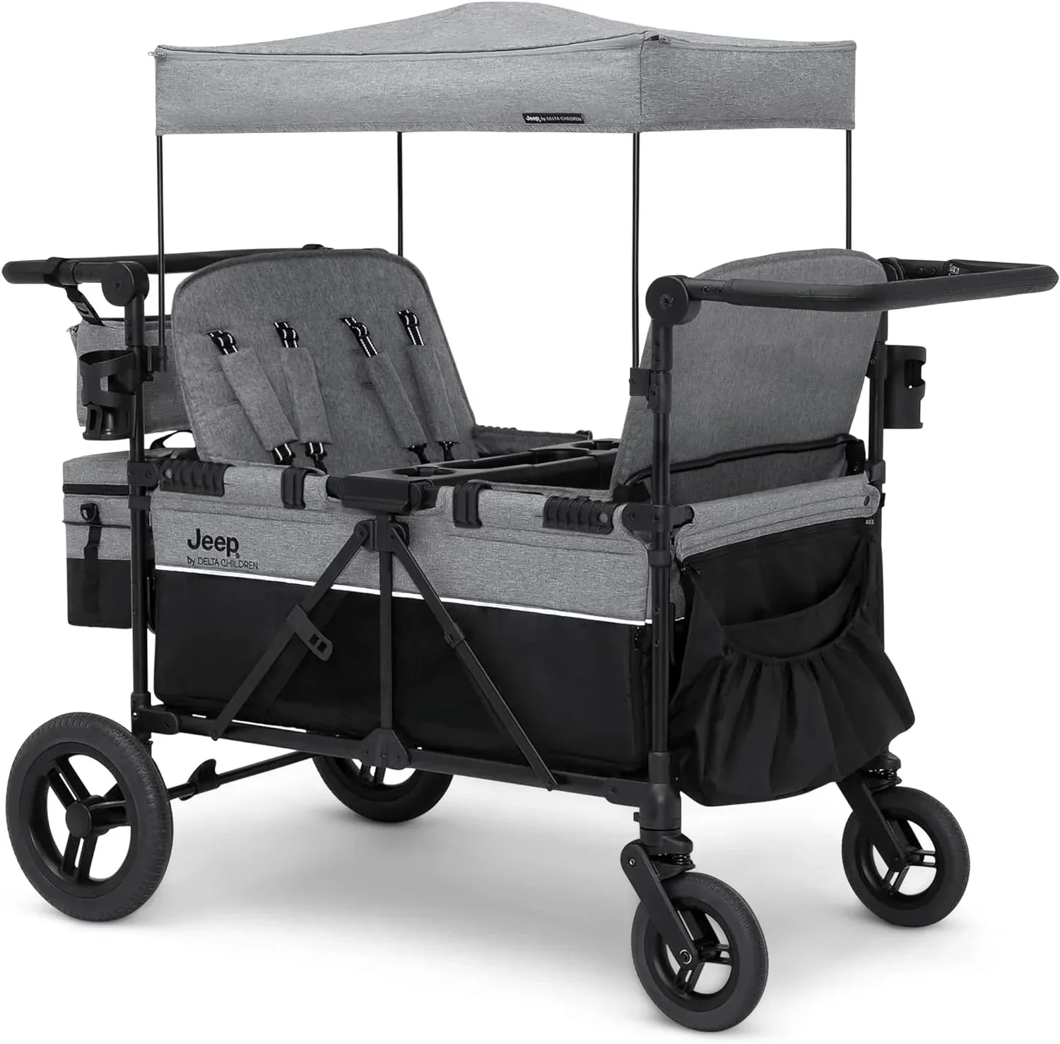 74b801ab75c99c175031bafc5ca7532a86deb5e3546386cd6661817886fdab3a Jeep Wrangler Deluxe 4 Seater Stroller Wagon by Delta Children Premium Quad Stroller Wagon(Grey)