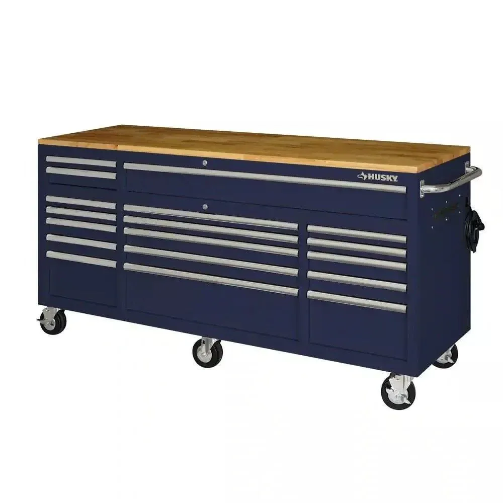 7567d559542d258e5b5cd2be9c295cda3a4b8984f9d56ef3718a4501e4f19134 Husky 72 in. 18-Drawer Mobile Workbench with Solid Wood Top in Gloss Blue