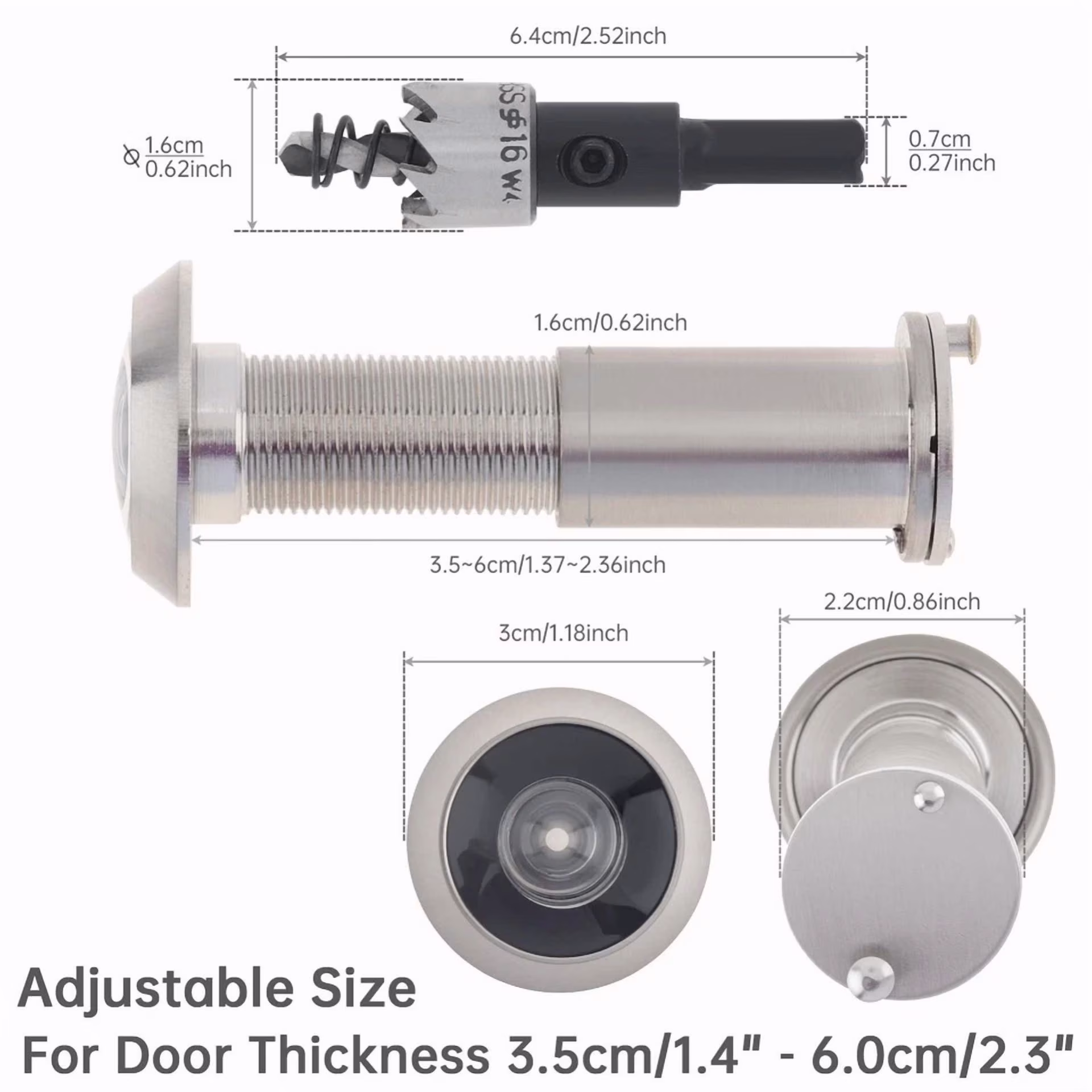 200° Door Viewer & 6Mm Drill Bit Set Hd Optical Glass Lens For 35-65 Mm Doors Us