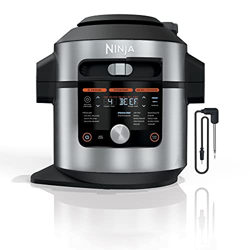 7690dae2defb5745aabab9c5768864335439618016d295977dbfe829bb17b0a1 Ninja OL701 Foodi 14 in 1 SMART XL 8 Qt. Pressure Cooker Steam Fryer with SmartLid Thermometer Auto Steam Release, that Air Fries, Proofs More, 3 Layer Capacity, 5 Qt. Crisp Basket, Silver/Black(6.5 Quarts/2-Layer Meals)