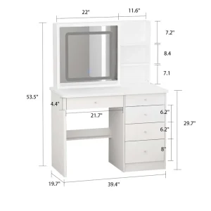 White Makeup Vanity Set with LED Mirror and Stool - 39.4