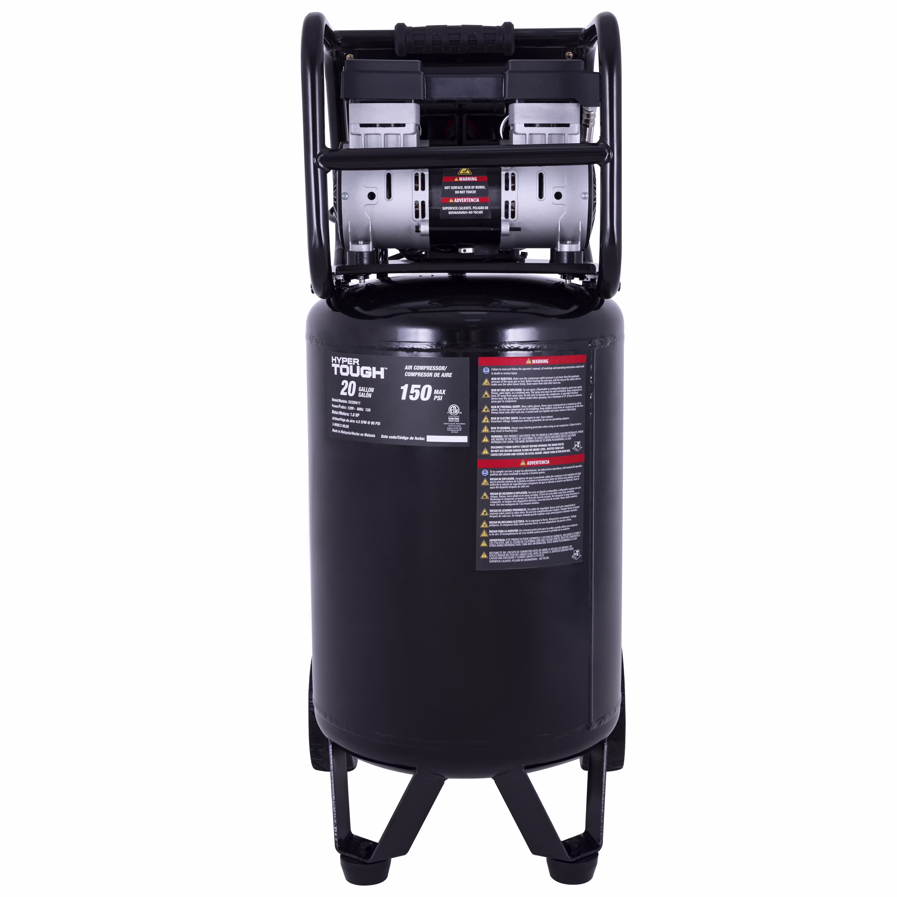 775aa2eaeebf69a9f261ef45b2da898150018036bae61edcf493ece18499a1f6 Hyper Tough 20 Gallon 1.8 HP Vertical Quiet air compressor 150psi