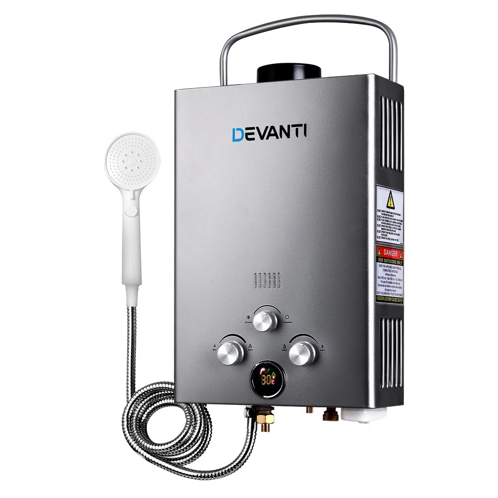 783c9f284a4b819b7c6f95330ee8945319b75380ce949ad0a96734dbe39cc9c9 Devanti Portable Gas Water Heater 8L/Min With Pump LPG System Grey