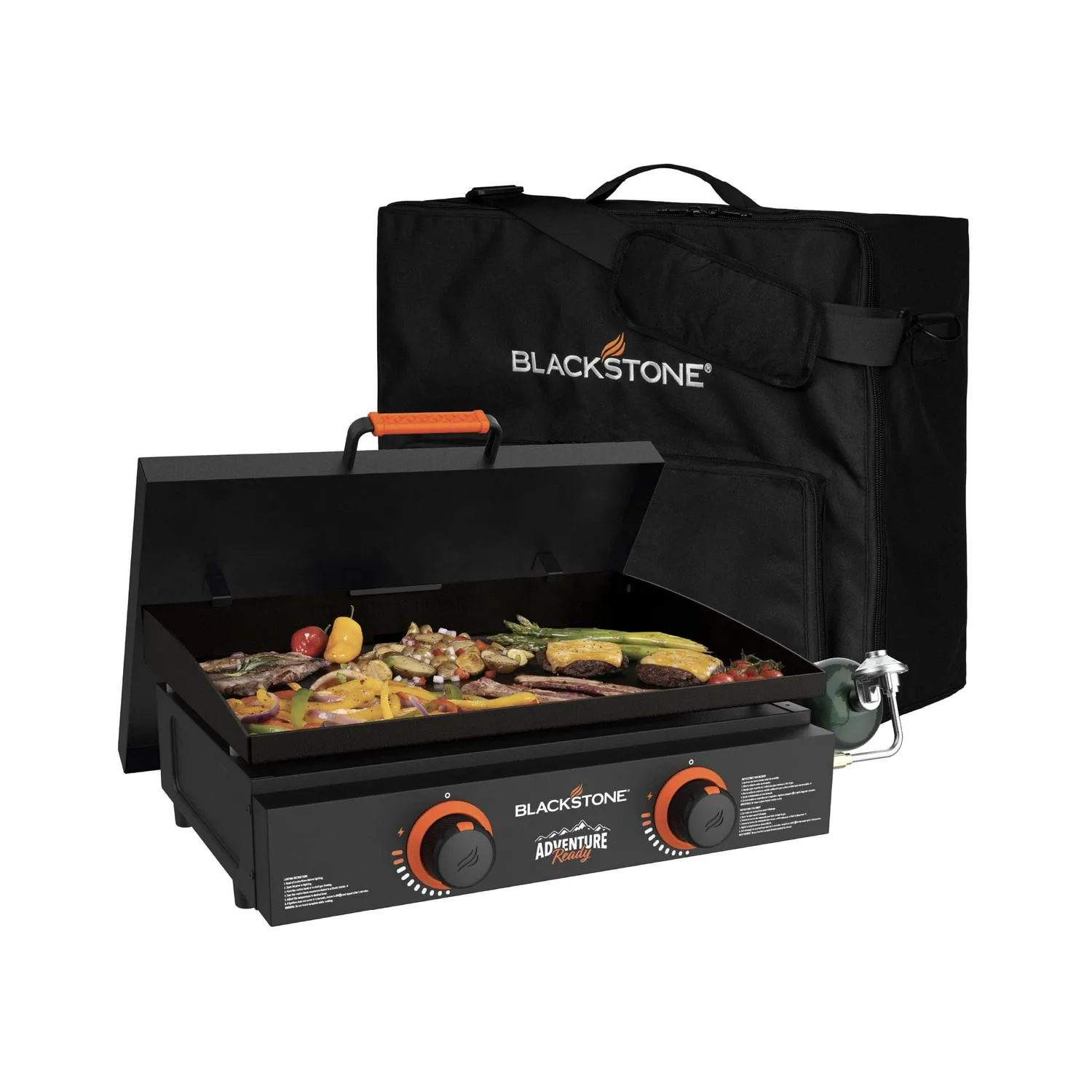 78968bc273b8528c92e3fef5a021206562a22f38e0ebe0d3f4b4f3ab1e8db67c Blackstone Adventure Ready 22¡ä¡ä Propane Griddle Gift Bundle, Black ¨C Includes Griddle, Hardcover, Carry Bag, 24,000 BTU Burners, Rear Grease System