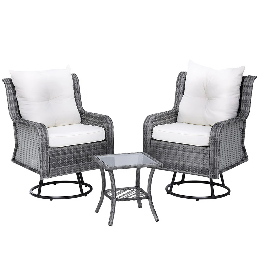 78e0b55f491bf7888dab0aea885307a92193ce78e5bee3afae18b6cd665e3860 Gardeon 3PC Outdoor Furniture Bistro Set Lounge Wicker Swivel Chairs Table Cushion Grey