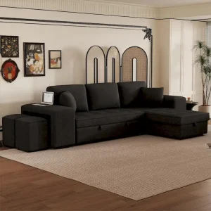 104 Modern L-Shape 3 Seat Reversible Sectional Couch, Pull Out Sleeper Sofa with Storage Chaise and 2 Stools(Charcoal Grey)