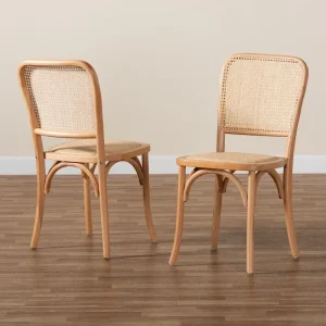 Neah Mid-Century Modern 2-Piece Woven Rattan and Wood Dining Chair Set(Beige, Natural Brown)