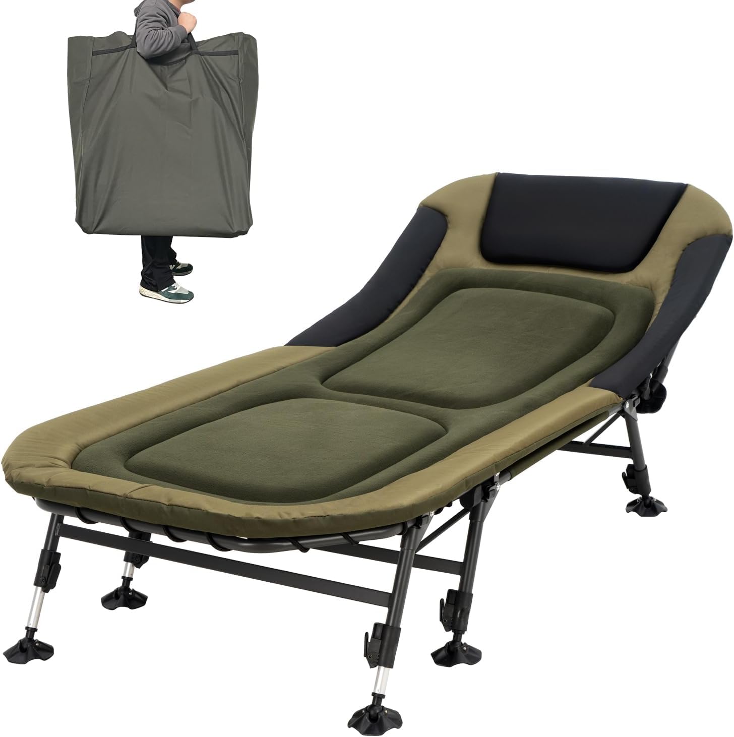 7991df1ef51b3d1ea4b0a3f5e4183b7ee0b8ecf9de2d40559296beca59a610a6 Camping Cots for Adults 330Lbs with Carry Bag, Heavy Duty Folding Bed with Soft Padded Cushion, Portable Military Cot for Hunting, 180¡ã Adjustable Reclining Outdoor Lounger(Green)