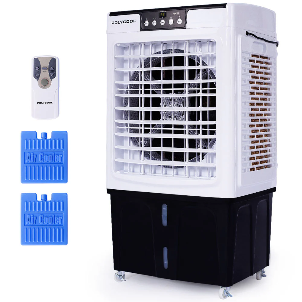 79d8bd1258bb2a6395bf1b238fdde5047460d5adbd382c62d678140d5a2c8a34 POLYCOOL 45L 125W Evaporative Air Cooler Portable Industrial Fan, Purifier, Humidifier, Remote Control
