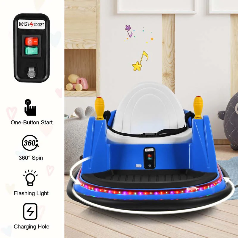 79f9e74c6fdad16dac2374e71426d15c4563cb062e19f9ea422e63ad38930793 12V Toddler Bumping Car, Battery Powered Baby Ride on Bumper Car with Dual Joysticks, Flashing LED Light 360 Degree Spin(Blue)