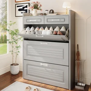 Shoe Cabinet with 3 Large Flip Drawers  2 Storage Drawers, Narrow Shoe Organizer Cabinet Fits(3 Flip Drawers Black Style 1)