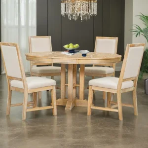 5-Piece Dining Set Extendable Round Table and 4 Upholstered Chairs Farmhouse Dining Set for Kitchen, Dining Room(Natural Wood Wash)