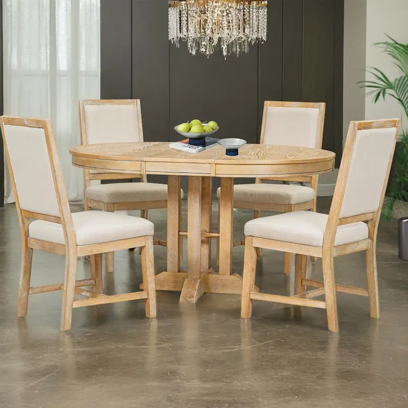 7bc56a7fbc04dcd9bf91f73296551ca1f299cfda4937b47683ecc6aa744ae5ea 5-Piece Dining Set Extendable Round Table and 4 Upholstered Chairs Farmhouse Dining Set for Kitchen, Dining Room(Natural Wood Wash)